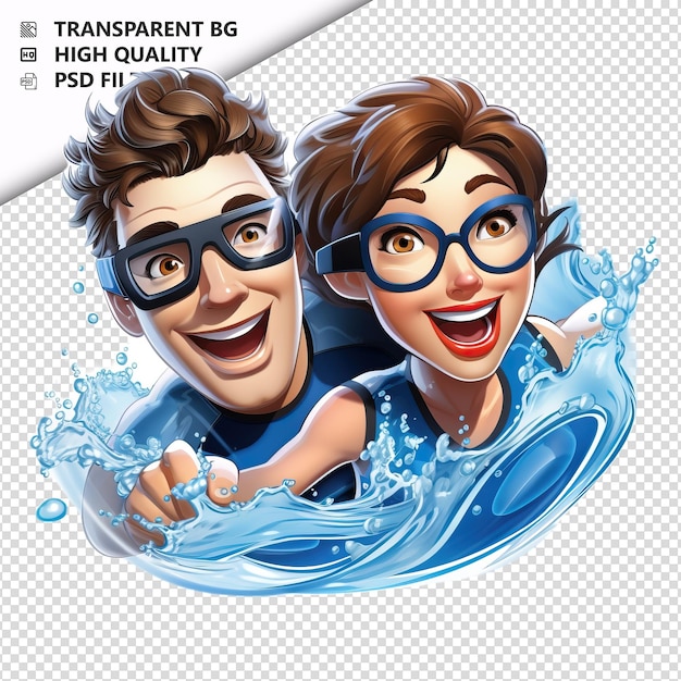 PSD american couple swimming 3d cartoon stijl witte achtergrond