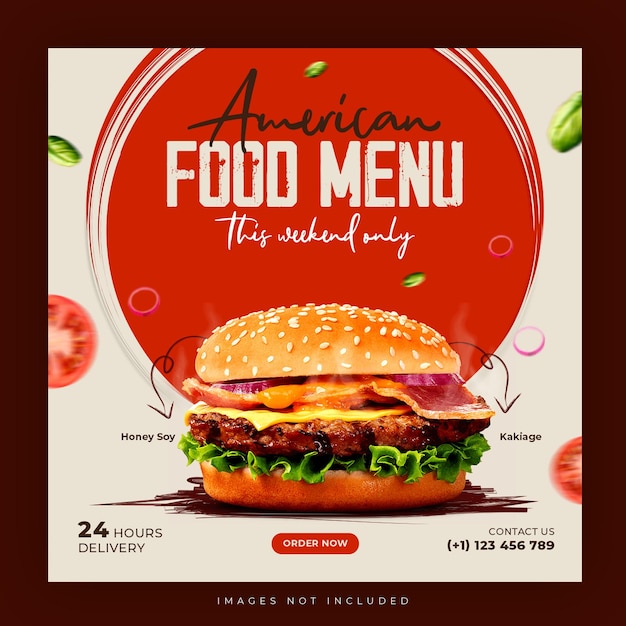 PSD american delicious burger and food menu social media banner template