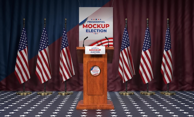 American election podium with flags