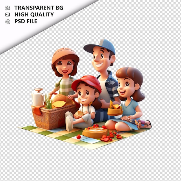 American family picnicking 3d cartoon style white backgro