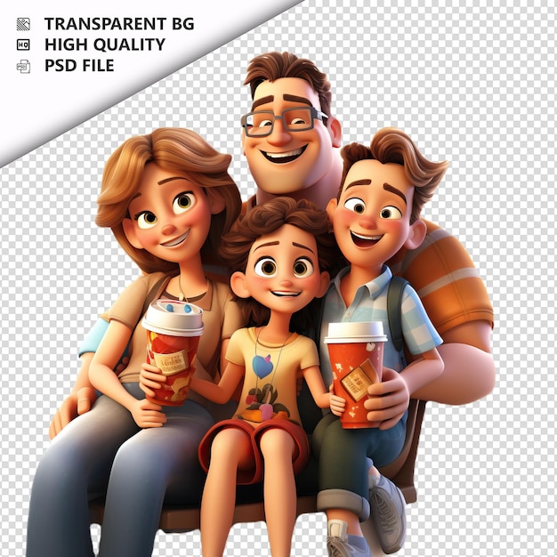 PSD famiglia americana rilassante in 3d in stile cartone animato sullo sfondo bianco