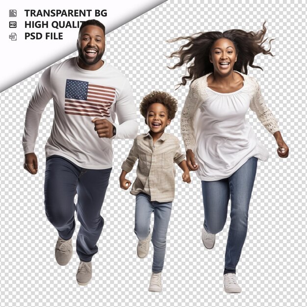 American family running ultra realistic style white backg