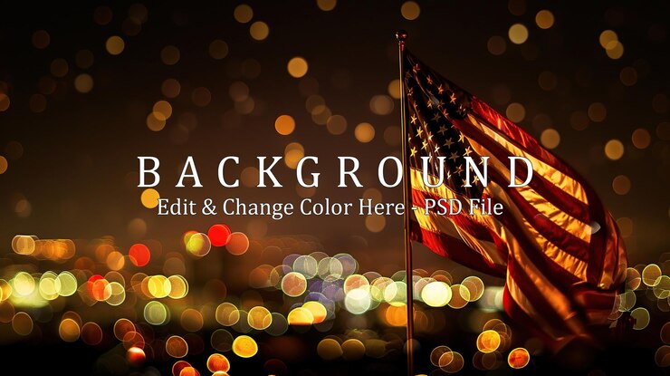 PSD an american flag blowing in the wind at night with bokeh lights in the background