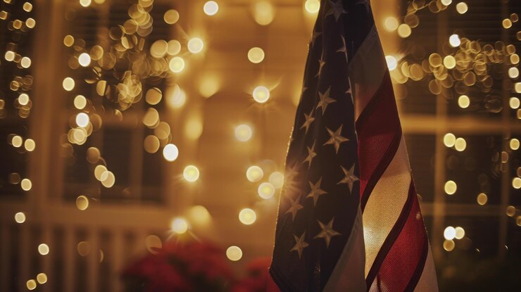 PSD american flag hanging at night with bokeh lights