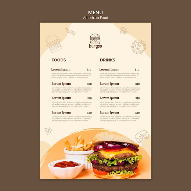 PSD modello di menu di cibo americano