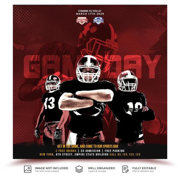 American football gameday schema club vierkante sociale media banner of flyer-sjabloon