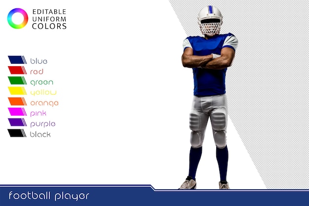 Giocatore di football americano con diverse divise colorate