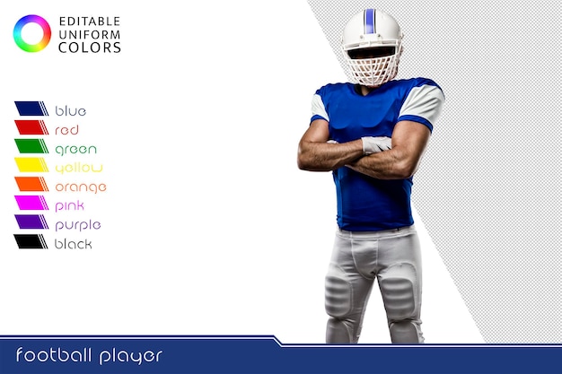 PSD american football-speler met verschillende kleurrijke uniformen uitgesneden