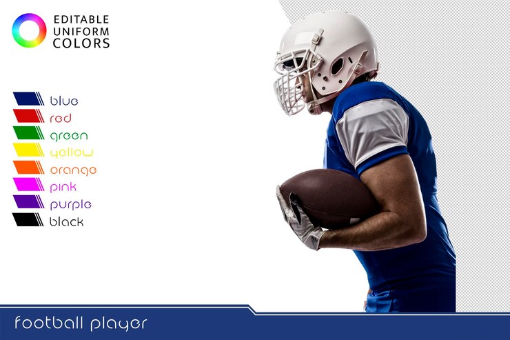 American football-speler met verschillende kleurrijke uniformen uitgesneden