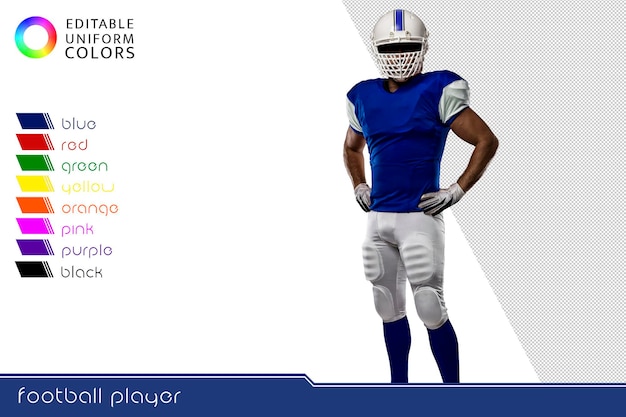 PSD american football-speler met verschillende kleurrijke uniformen