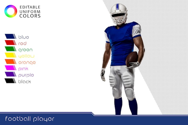 PSD american football-speler met verschillende kleurrijke uniformen