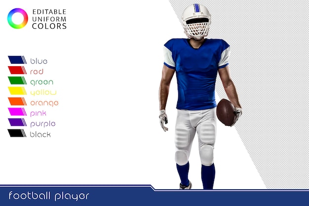 American football-speler met verschillende kleurrijke uniformen