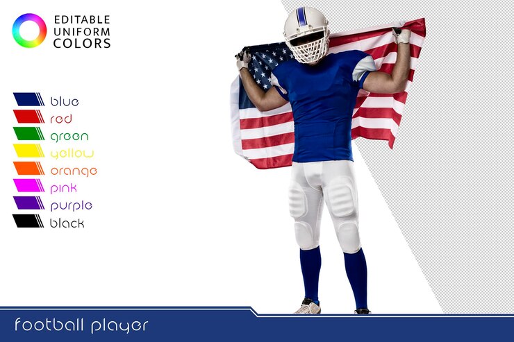 American football-speler met verschillende kleurrijke uniformen