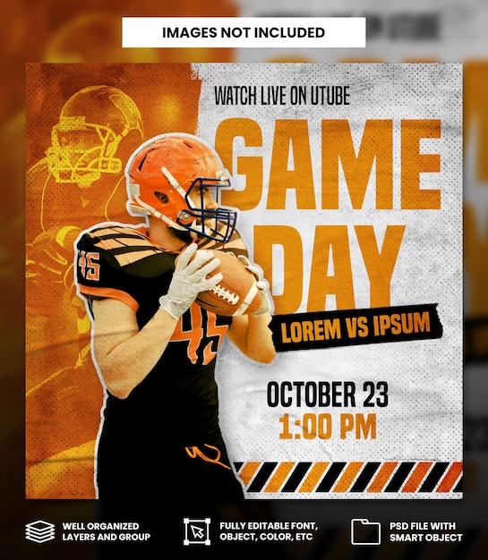 American football sport match day with grunge effect social media Instagram square banner template