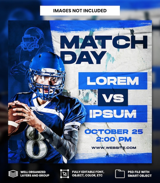 PSD american football sport match day with grunge effect social media instagram square banner template