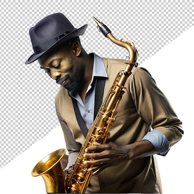 PSD Американский джазовый саксофонист в шляпе играет на прозрачном фоне