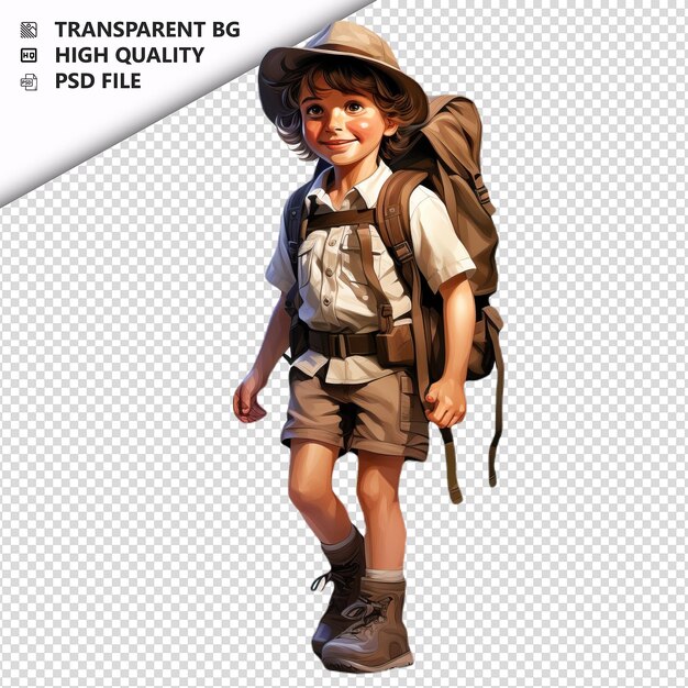 PSD american kid hiking ultra realistische stijl witte achtergrond