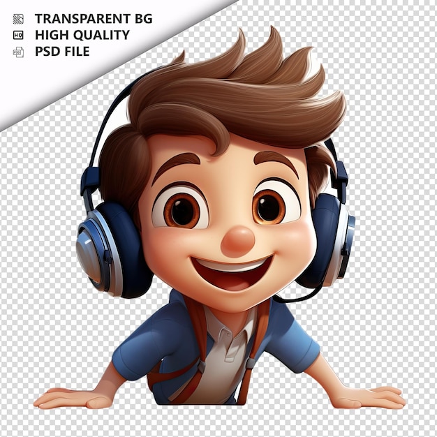 PSD american kid listening 3d cartoon style white background