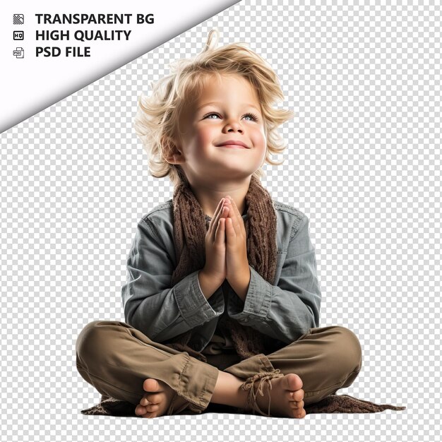 PSD american kid meditating ultra realistic style white backg