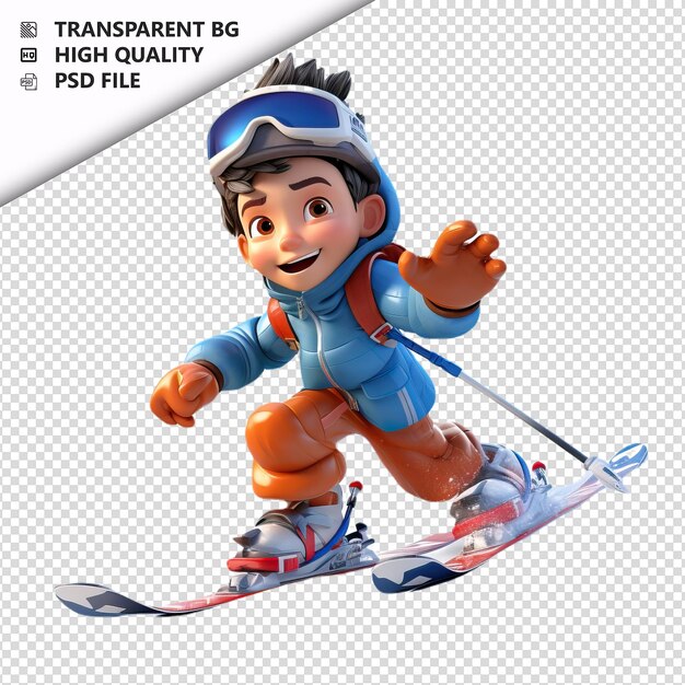 PSD Американский ребенок катается на лыжах в стиле мультфильмов в 3d с белым фоном.