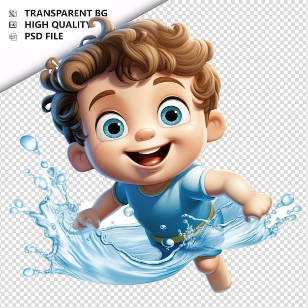 American kid swimming 3d cartoon stijl witte achtergrond i