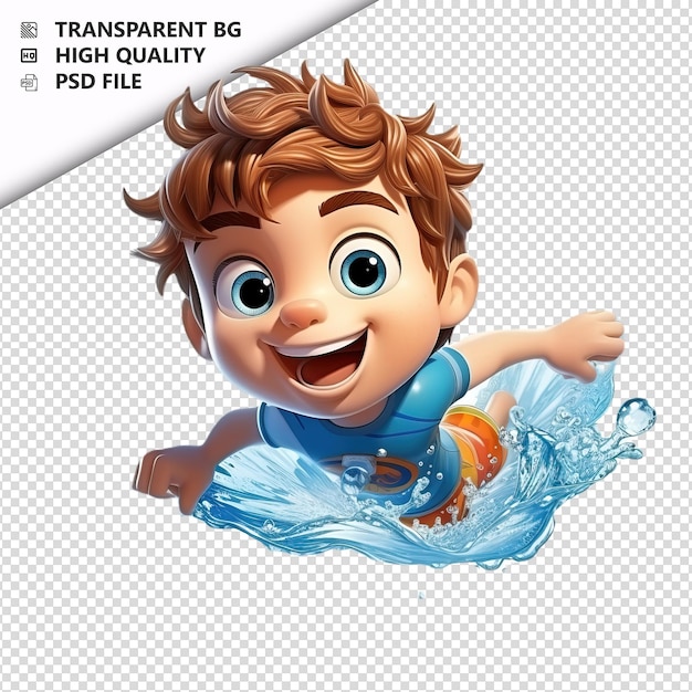 PSD american kid swimming 3d w stylu kreskówek na białym tle