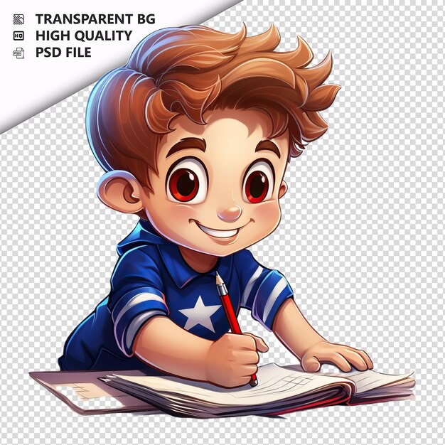 American kid writing 3d cartoon style white background is