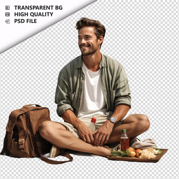 PSD american man picnicking ultra realistic style white backg