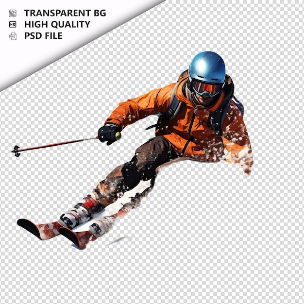 PSD american man skiing ultra realistic style white backgroun