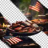 PSD american memorial day caratterizzato da attività lavorative tradizionali e dal concetto di barbecue raffigurato con un primo piano e un effetto vignettatura in cui viene utilizzata la messa a fuoco selettiva su uno sfondo trasparente