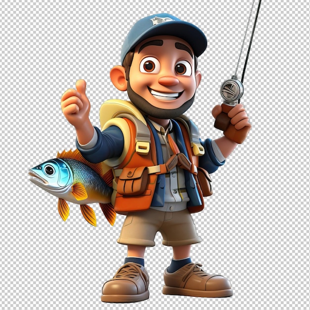 PSD american person fishing 3d cartoon style transparent background