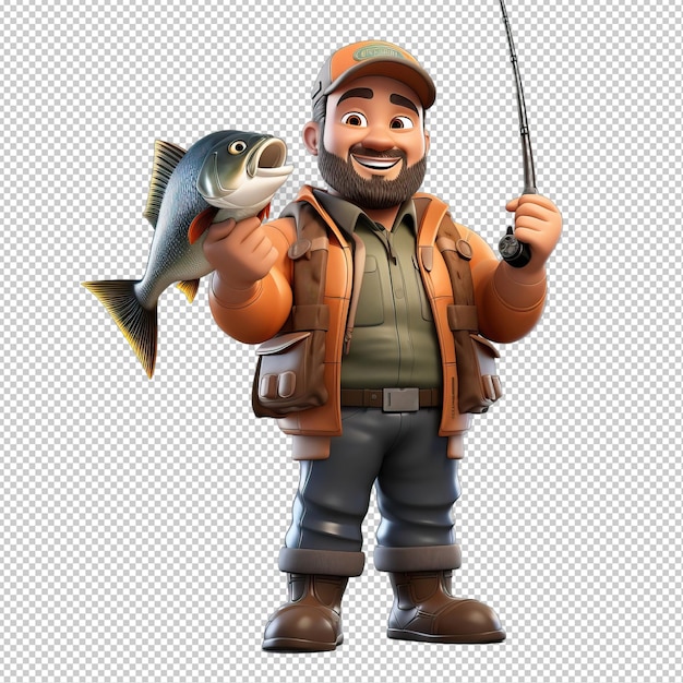 PSD american person fishing 3d cartoon style transparent background