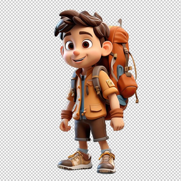 PSD american person hiking 3d cartoon style transparent background