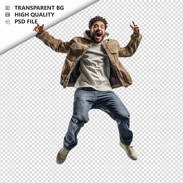 PSD american person jumping ultra realistic style white backg