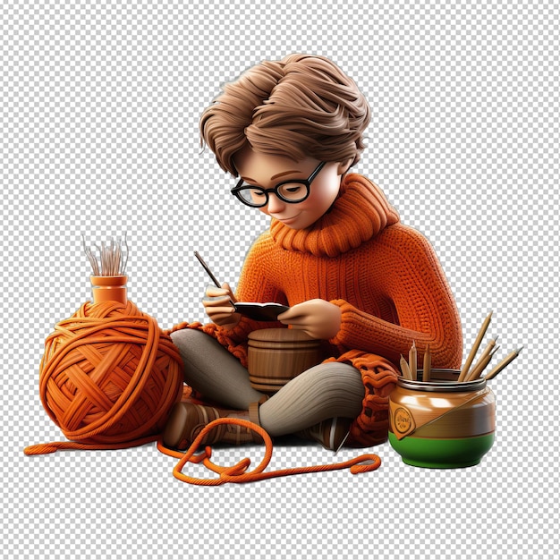 PSD american person knitting 3d cartoon style transparent backgroun