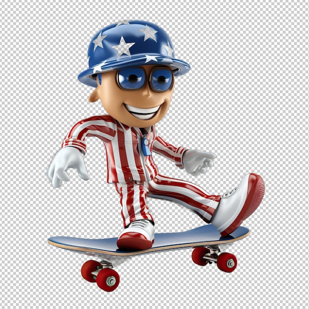 PSD american person skating 3d cartoon style transparent background