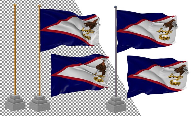 PSD bandiera delle samoa americane che sventola uno stile diverso con un palo di supporto isolato rendering 3d