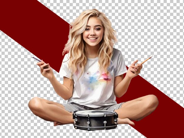 American young girl playing with drums