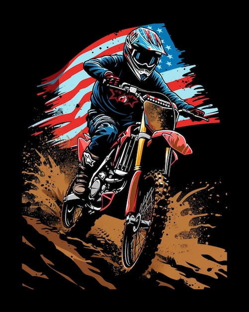 PSD amerikaanse motorfiets met vlag t-shirt ontwerp sjabloon
