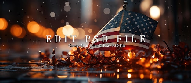 PSD amerykańska flaga jest oświetlona delikatnym blaskiem