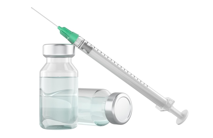 PSD ampoules vials with drug and syringe 3d rendering isolated on transparent background