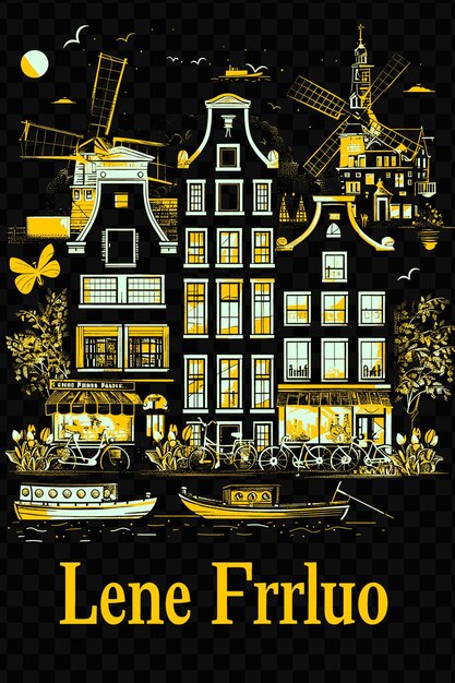 PSD amsterdam with canal street scene and houseboats bicycles tu psd vector tshirt tattoo ink scape art