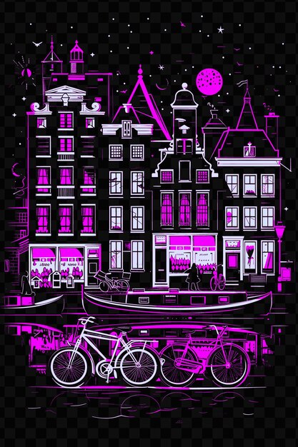 PSD con amsterdam canal street scene e houseboats biciclette tu psd t-shirt vettoriale tattoo ink scape art