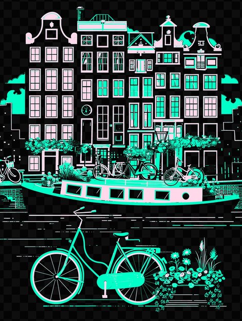 PSD amsterdams canals with picturesque street scene houseboats b psd vector tshirt tattoo ink scape art