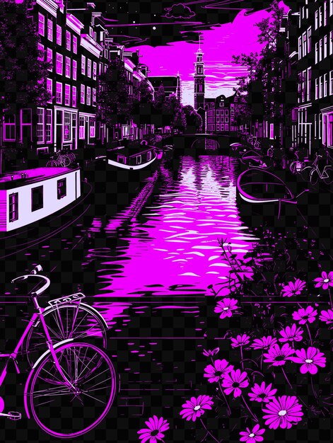 PSD amsterdams canals with picturesque street scene houseboats b psd vector tshirt tattoo ink scape art