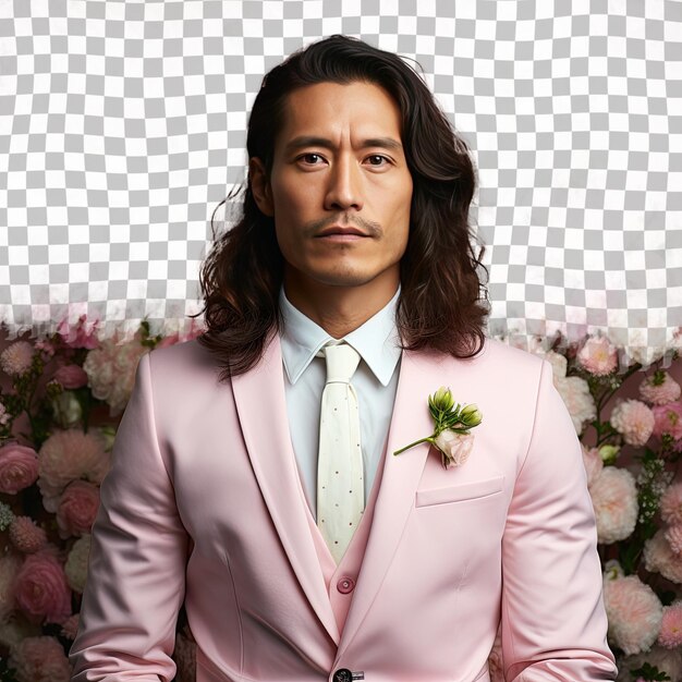 PSD a amused adult man with long hair from the asian ethnicity dressed in counselor attire poses in a head tilt with a serious expression style against a pastel rose background