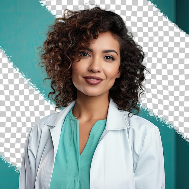 PSD a amused adult woman with curly hair from the south asian ethnicity dressed in dermatologist attire poses in a dramatic look upwards style against a pastel turquoise background