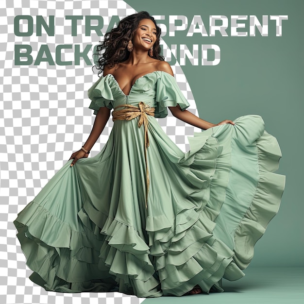 PSD a amused adult woman with long hair from the african ethnicity dressed in choreographer attire poses in a full length with flowing dress style against a pastel mint background