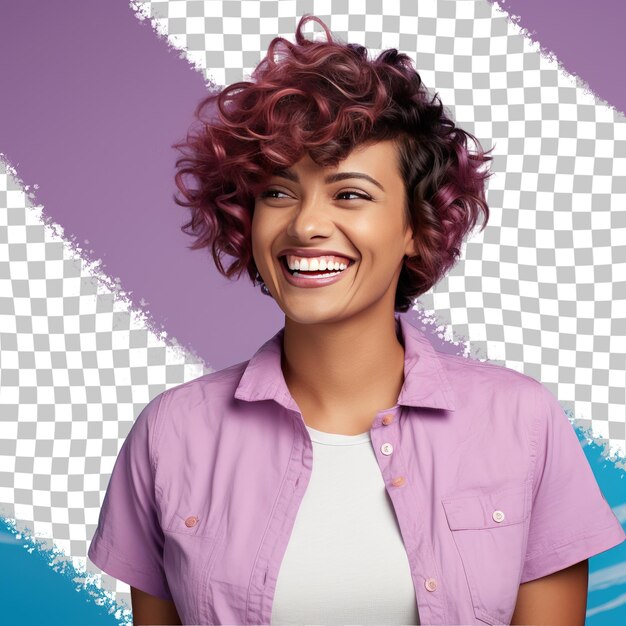 PSD a amused adult woman with short hair from the pacific islander ethnicity dressed in surfing waves attire poses in a eyes downcast with a smile style against a pastel mauve background