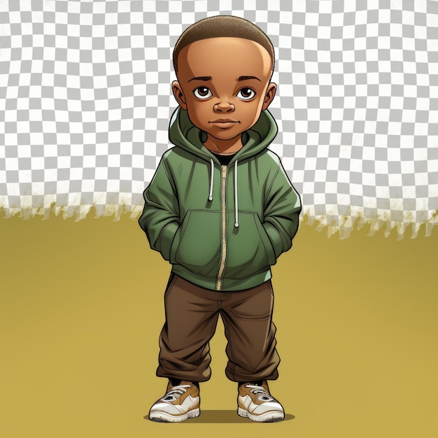 A amused child boy with bald hair from the african american ethnicity dressed in drawing comics attire poses in a relaxed stance with hands in pockets style against a pastel green background